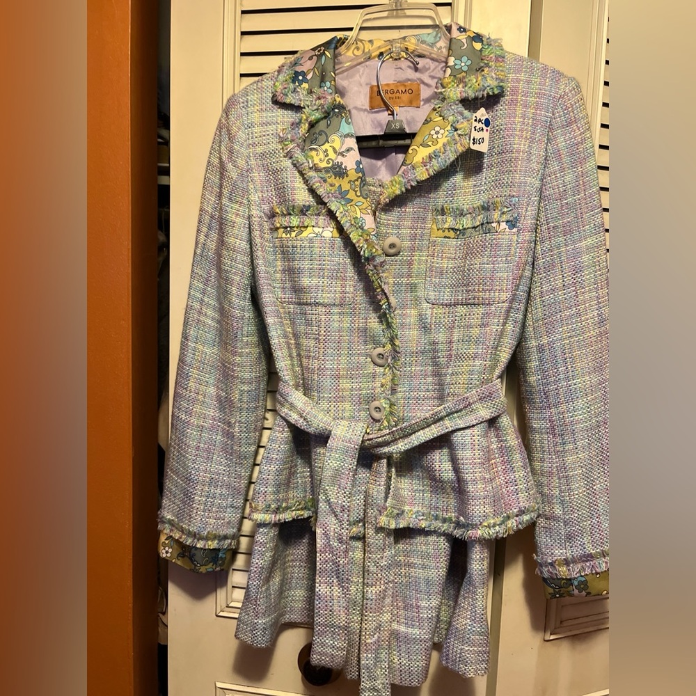 Bergamo Pastel Tweed Belted two piece in Lavender, Mint & Cream.